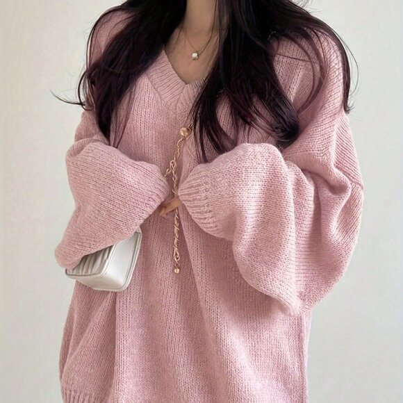 Pink Casual Women's V-Neck Loose Oversized knit Sweater - Picture 3 of 5